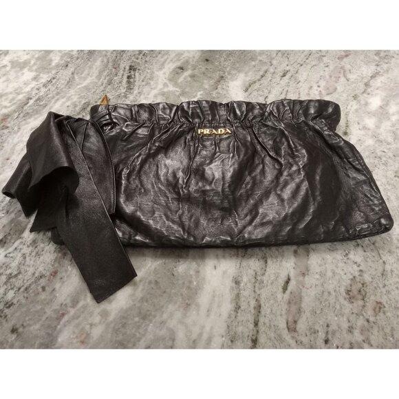 Prada Black Nappa Leather Bow Antique Clutch Bag 100% AUTHENTIC PRE-OWNED! - Picture 1 of 16